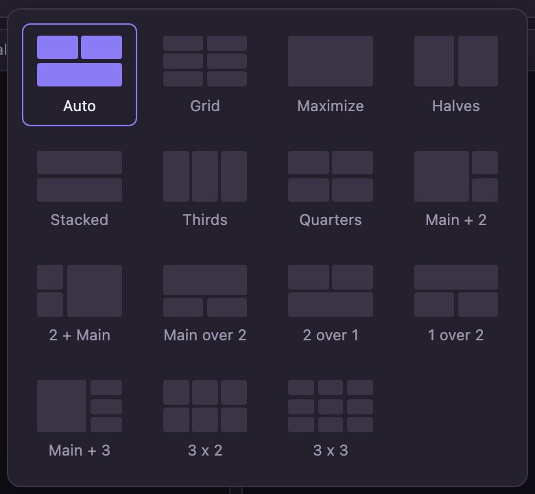 Corral's layout menu with fifteen choices: Auto, Grid, Maximize, Halves, Stacked, Thirds, Quarters, Main + 2, 2 + Main, Main over 2, 2 over 1, 1 over 2, Main + 3, 3 x 2, and 3 x 3.