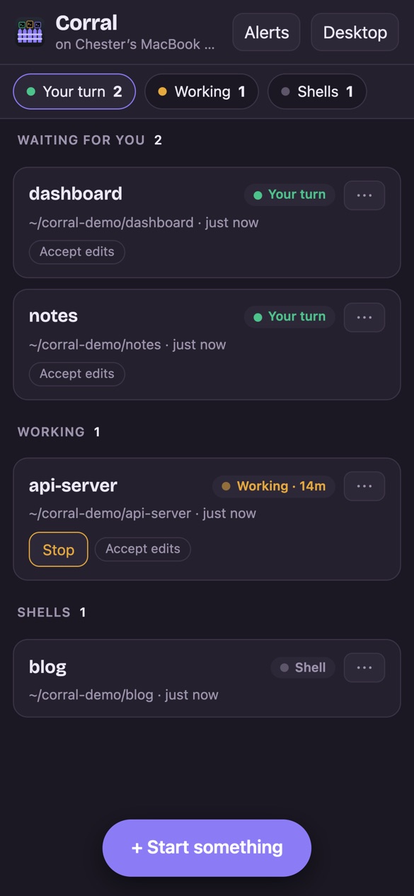Corral's phone page listing four windows: notes and dashboard under Waiting for you, api-server under Working, and a blog shell, each with its folder.
