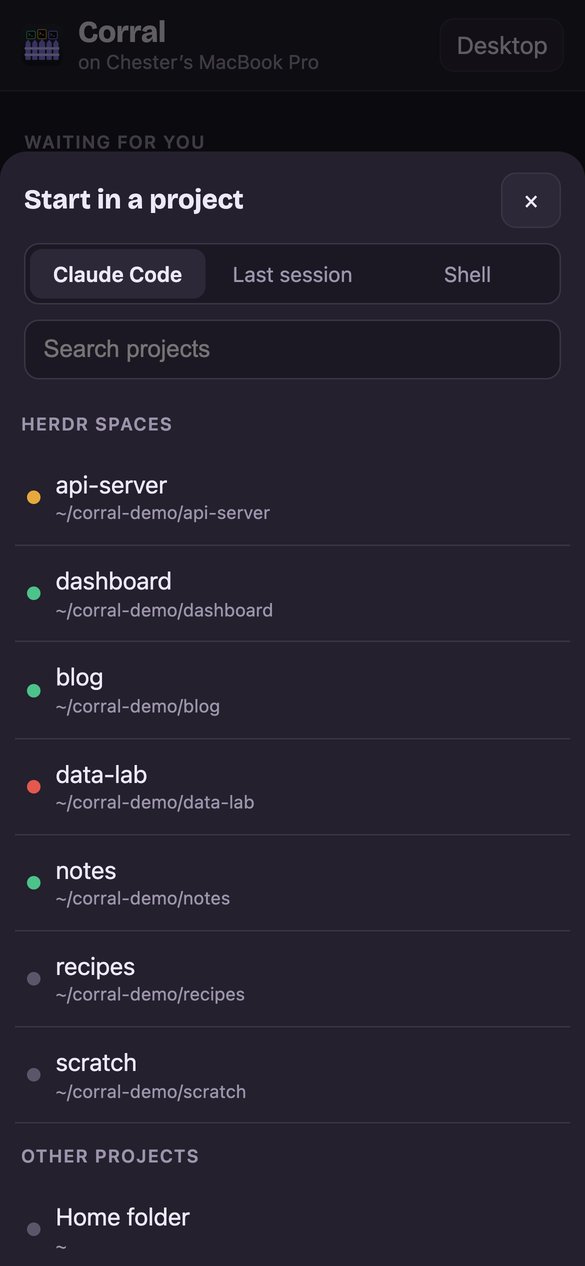 The Start in a project sheet: a choice of Claude Code, Last session, or Shell, a search box, and the list of herdr spaces with their status dots.