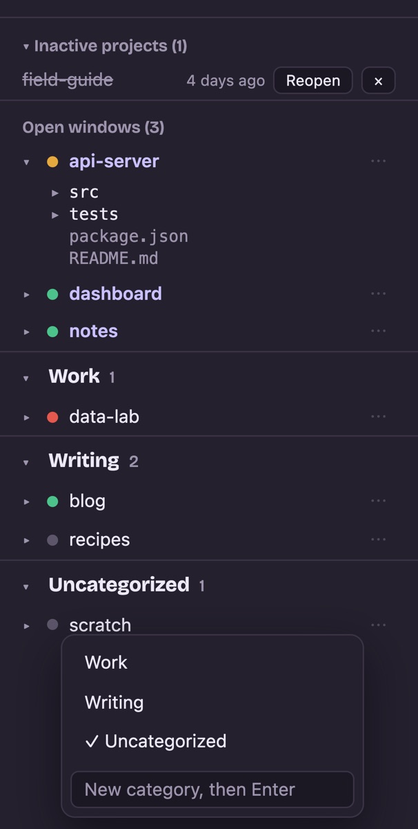 The Corral sidebar: an inactive project with a Reopen button, open windows with an expanded file tree, categories named Work and Writing, and a right-click menu for moving the scratch space into a category.