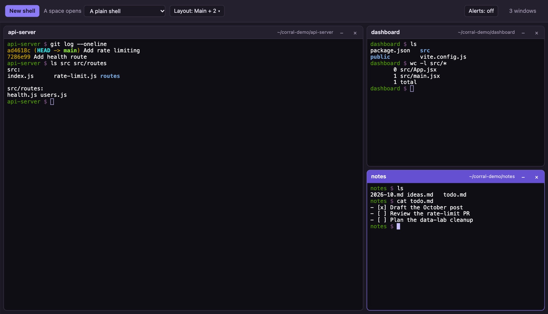 Three Corral terminals in the Main + 2 layout: api-server large on the left, dashboard and notes stacked on the right, with notes focused under a purple title bar.