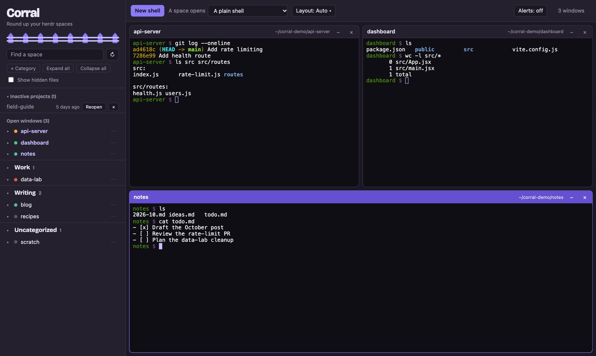 Corral in a browser: a sidebar of herdr spaces grouped into Work, Writing, and Uncategorized, with three terminal windows (api-server, dashboard, and notes) tiled on the right. The focused window, notes, has a purple title bar.
